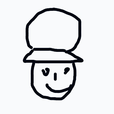 A black and white drawing of a smiling face with a hat.
