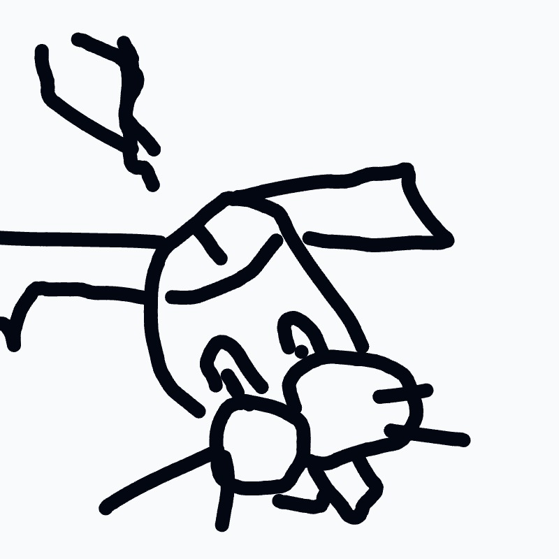 A black and white drawing of a dog with a gun in its mouth.