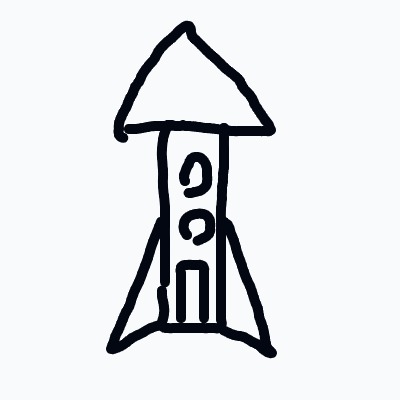 A black and white drawing of a rocket ship.