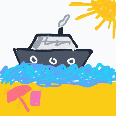 A boat is floating on a body of water with a sun in the background.