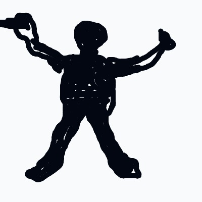 A black and white drawing of a man holding a gun.