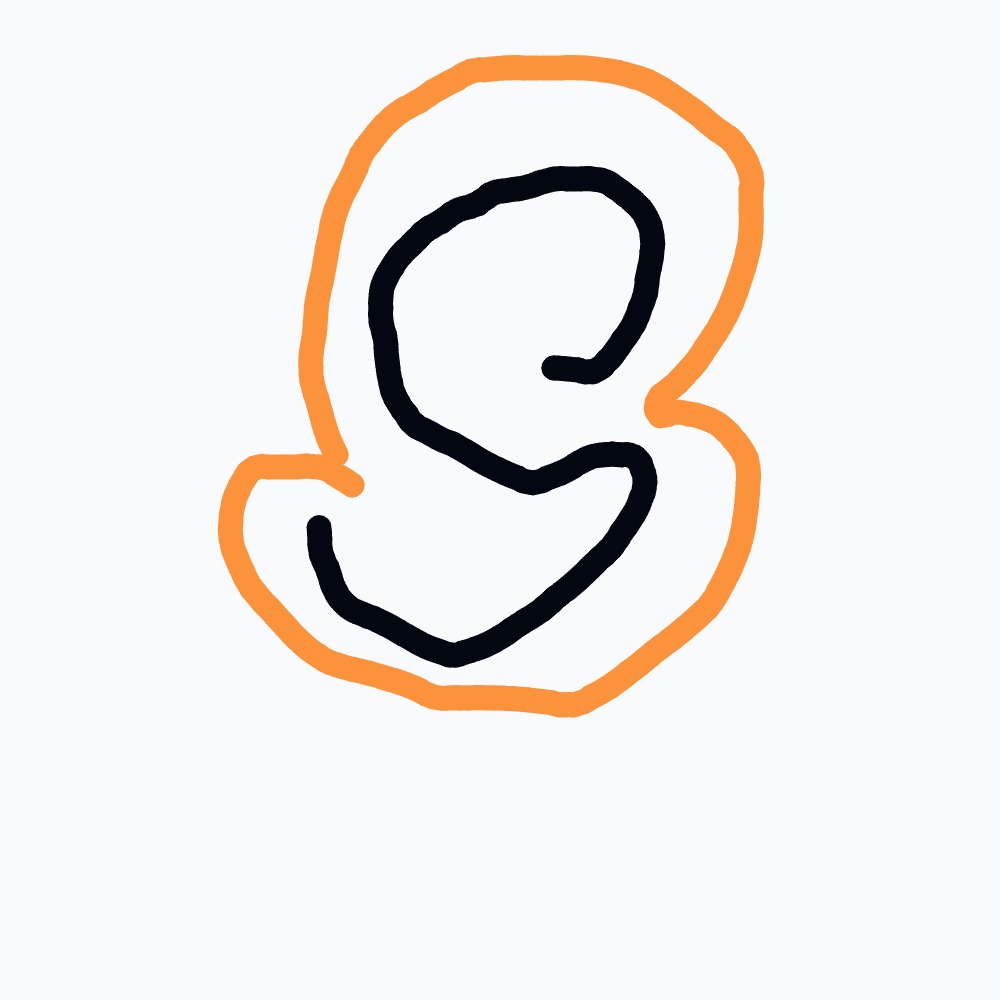 A drawing of a letter S in orange and black.