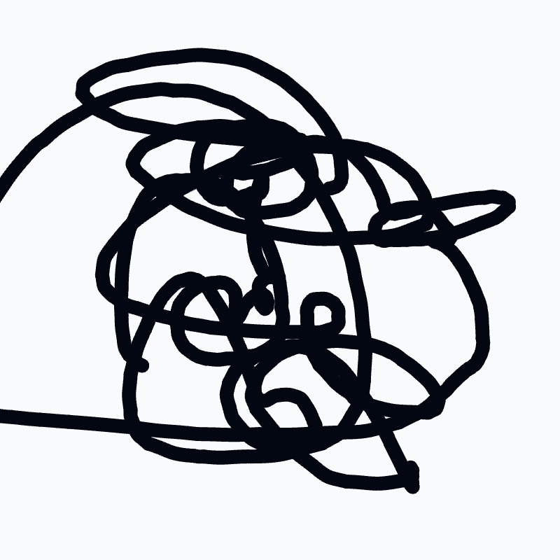 A black drawing of a face with a hat on.