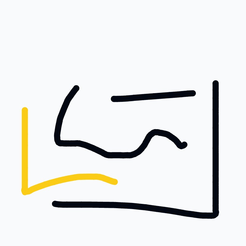 A drawing of a curved line with a yellow line on top of it.
