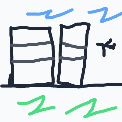 A drawing of a building with a bird flying out of the window.