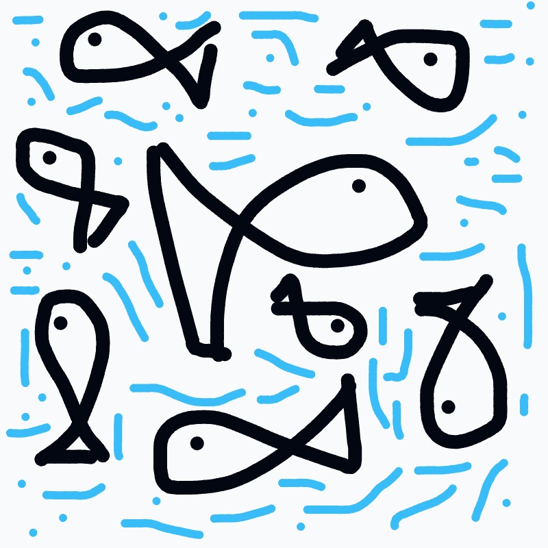 A drawing of fish in a blue water.
