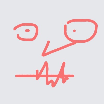 A red drawing of a face with a mouth and eyes.